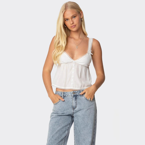 Damen Crop-Top aus feiner Baumwolle mit dekorativen Knopfdetails Drune