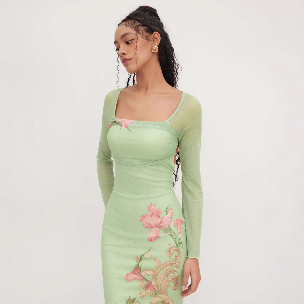 Damen elegantes Midikleid mit floralem Design und transparenten Longsleeves Drune