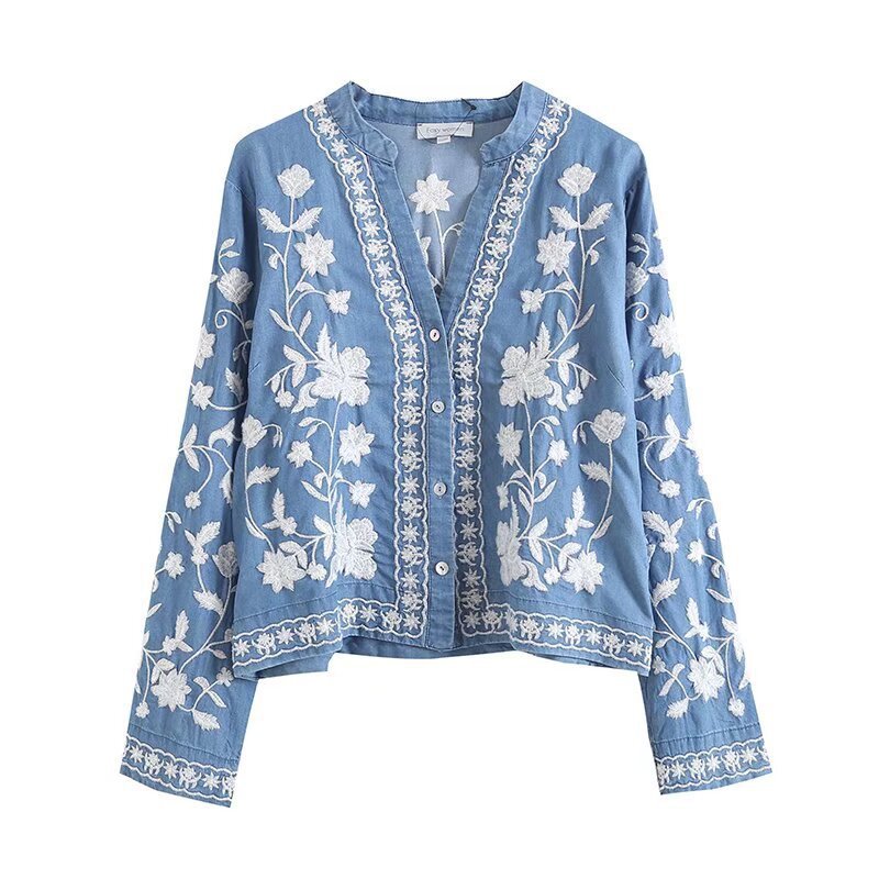 Damen gestickte Bluse mit feinen Rüschendetails Drune