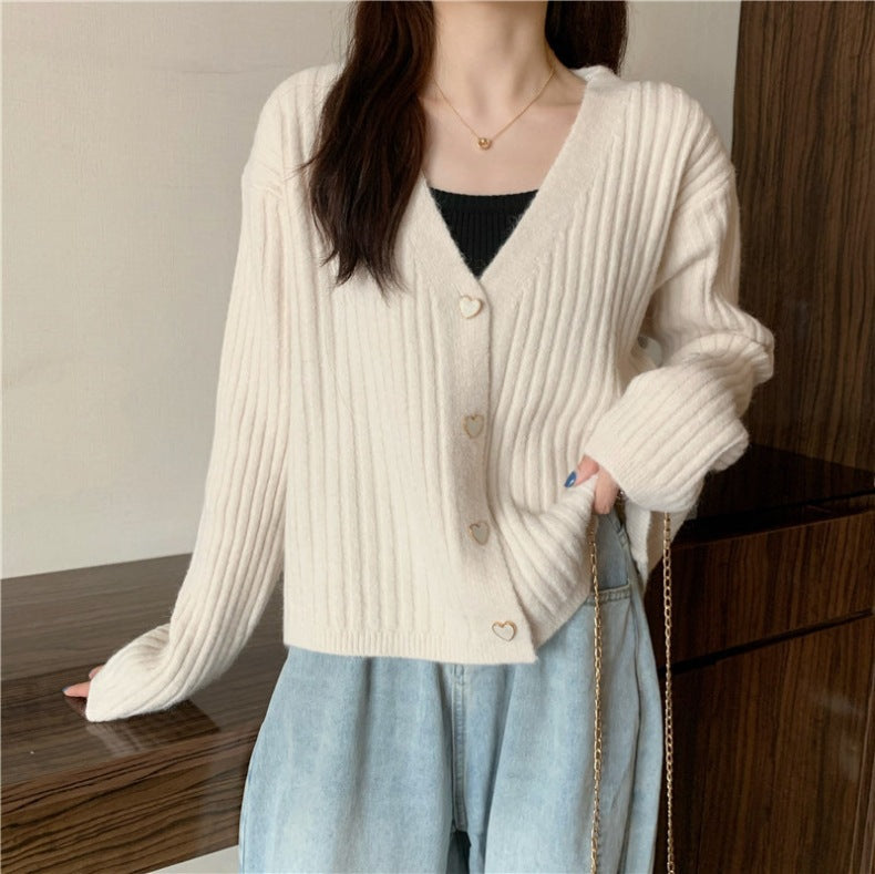 Damen Rippenstrick Cardigan mit herzförmigen Knöpfen Drune