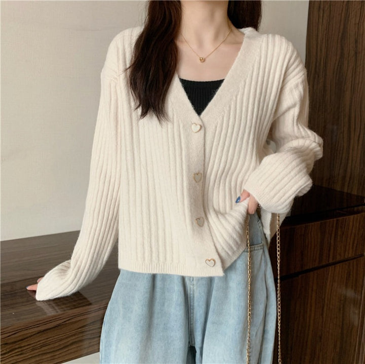 Damen Rippenstrick Cardigan mit herzförmigen Knöpfen Drune