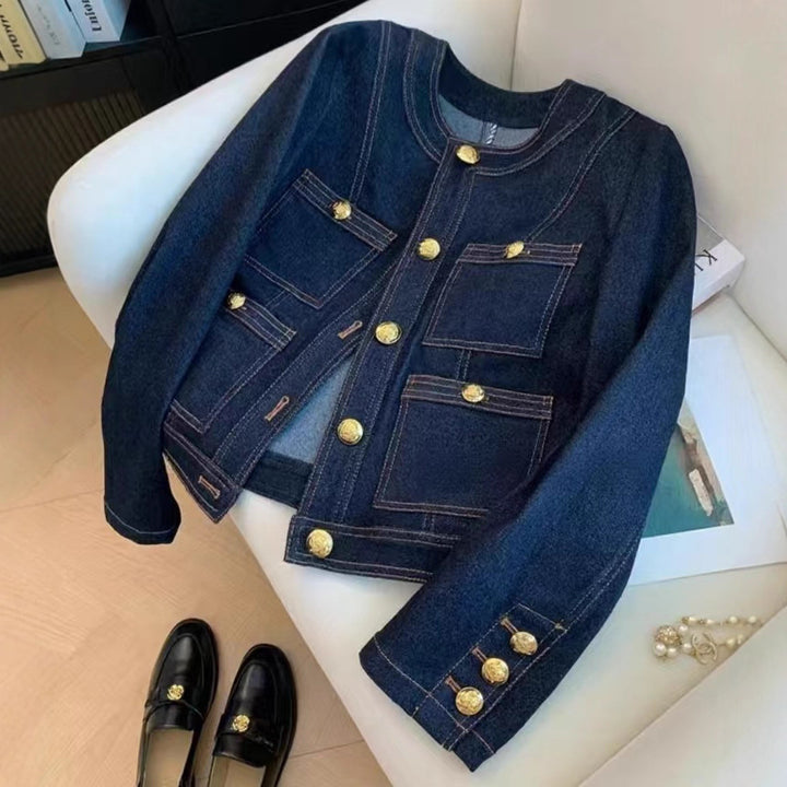 Damen modische Jeansjacke mit goldenen Knopfdetails Drune