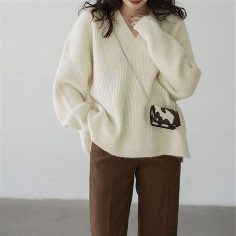 Damen V-Ausschnitt Grobstrickpullover Drune