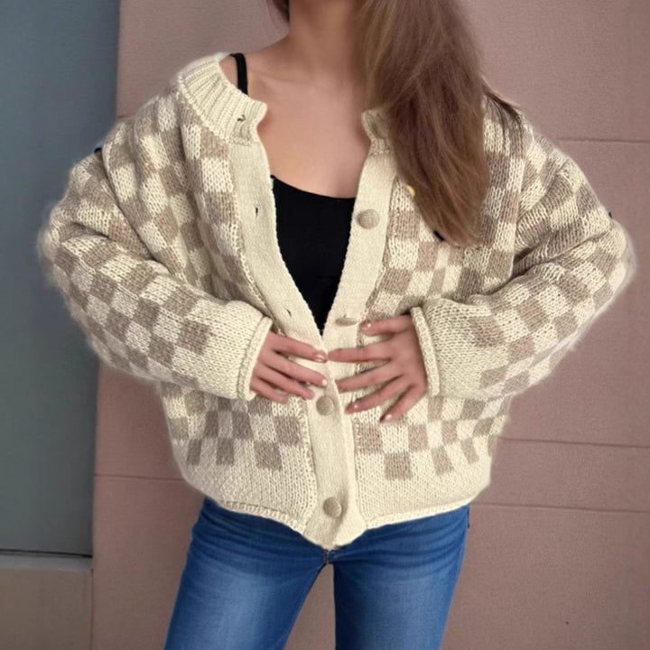 Damen gemusterte Strickjacke mit großen Knöpfen und lockerem Schnitt Drune