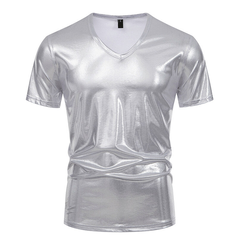 Herren Glänzendes Metallisches V-Ausschnitt T-Shirt Drune
