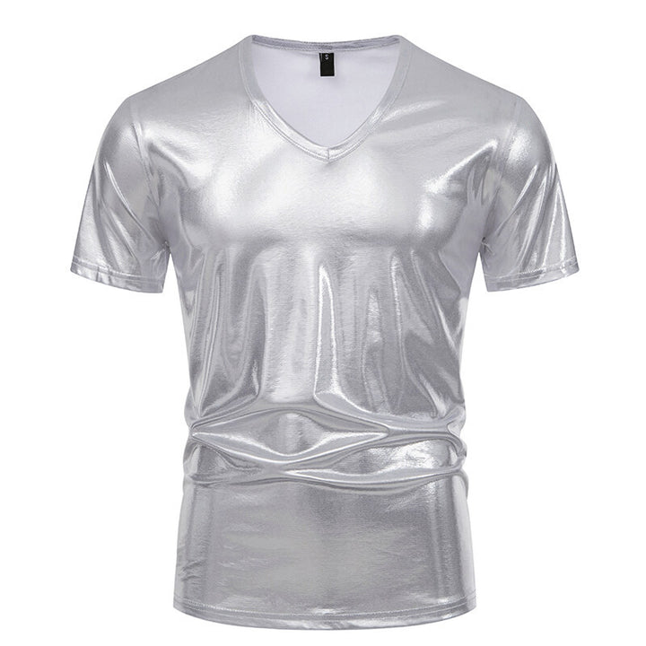Herren Glänzendes Metallisches V-Ausschnitt T-Shirt Drune