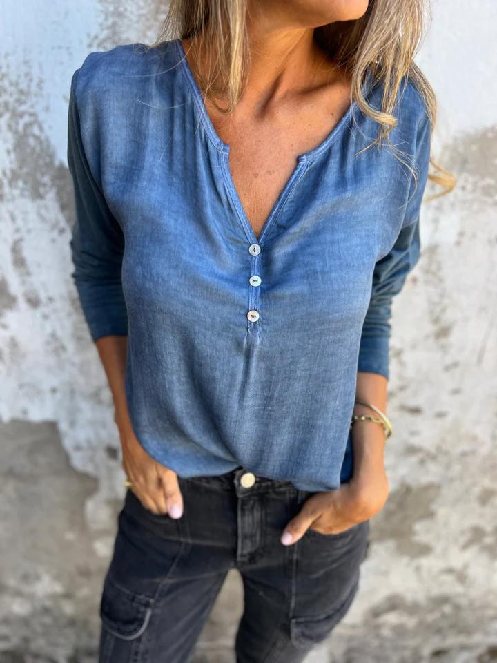 Damen Langarmshirt mit Knopfdetails und elegantem V-Ausschnitt Drune