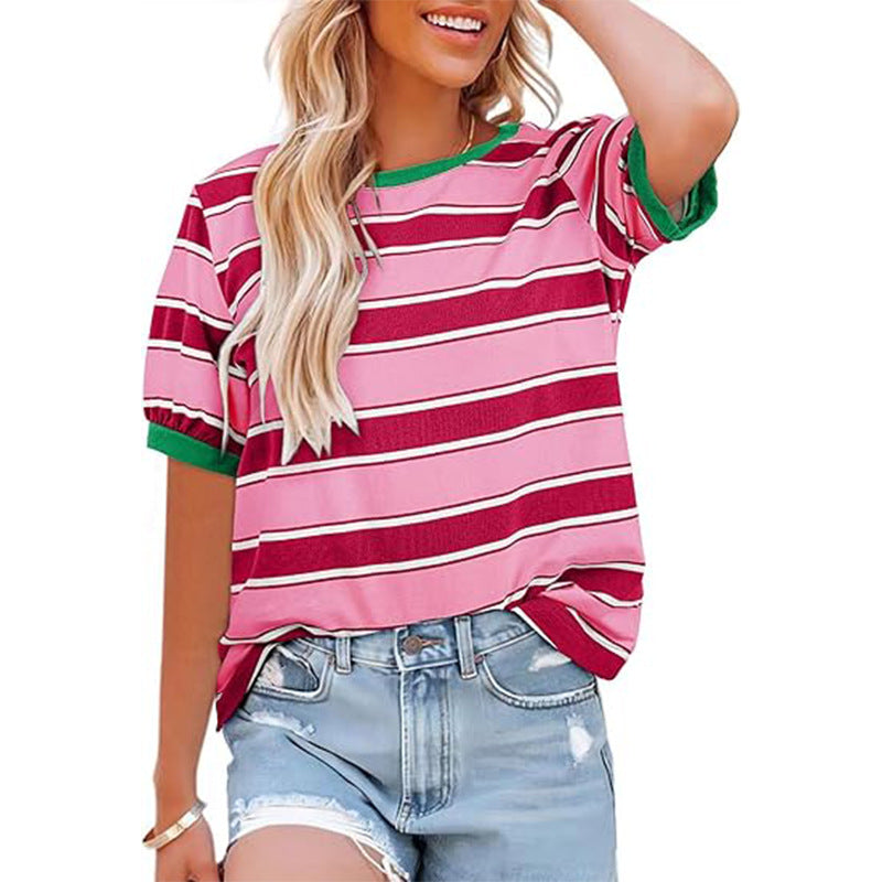 Damen lässiges Streifen T-Shirt mit Kurzarm und Rundhalsausschnitt Drune