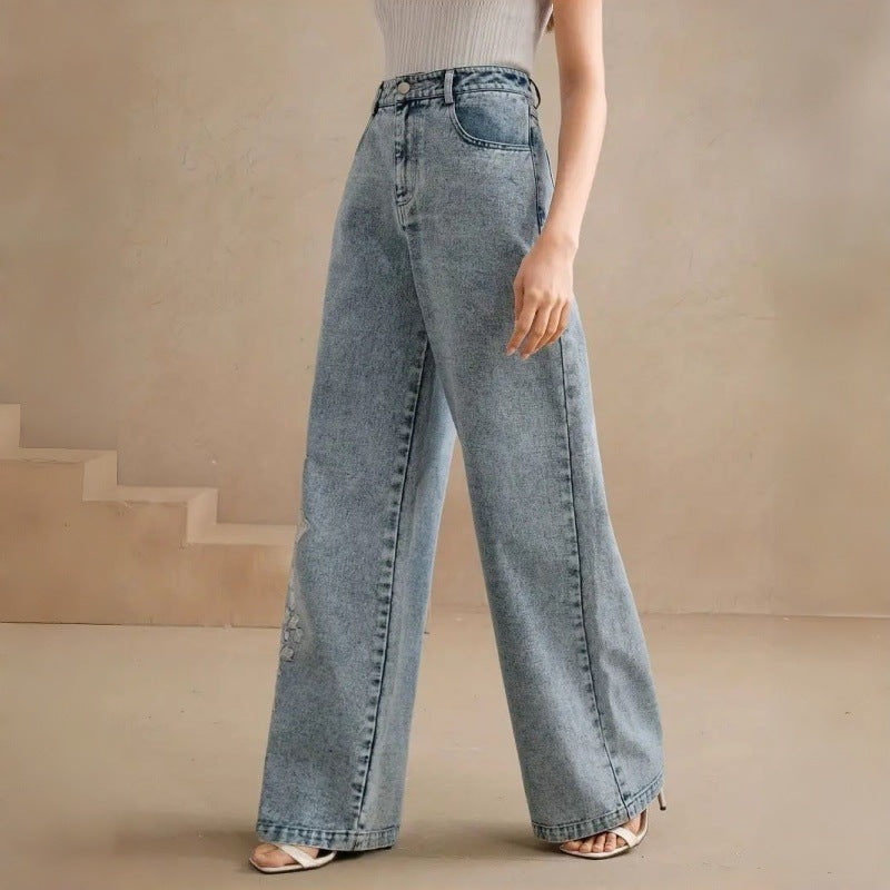 Damen Weitgeschnittene Jeans mit floralem Stickdesign Drune