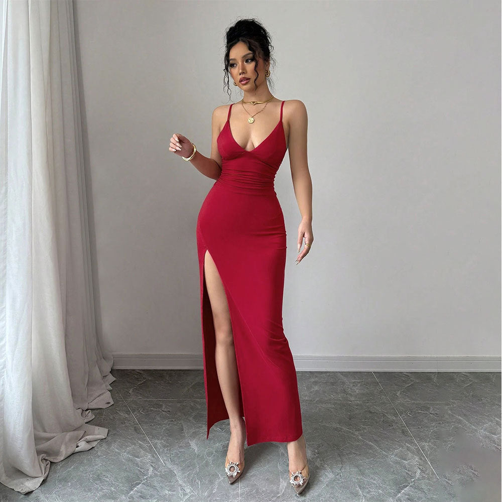 Damen Maxikleid mit tiefem V-Ausschnitt und hohem Schlitz Drune