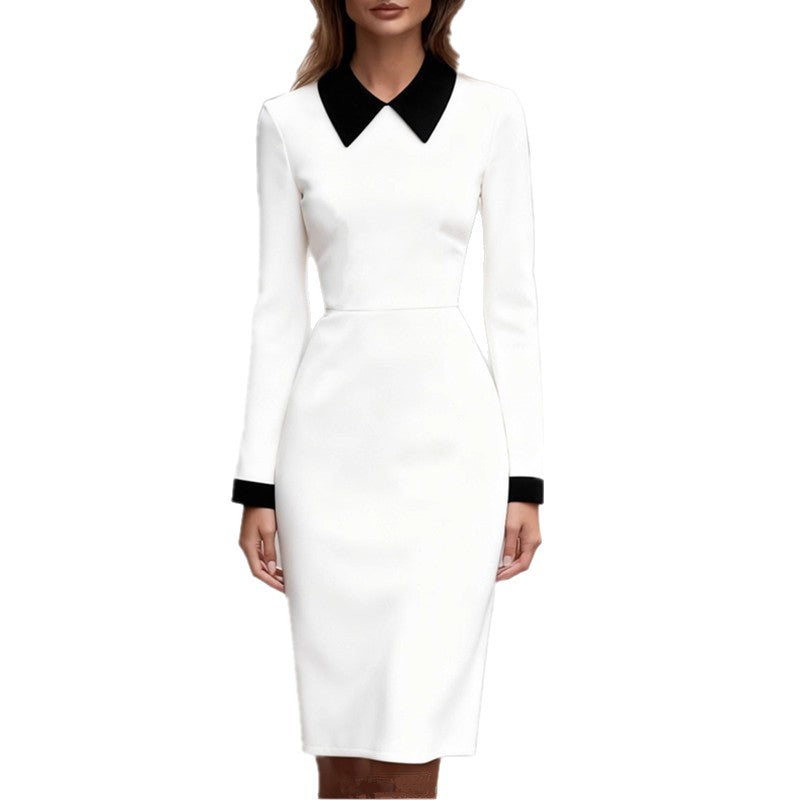 Damen figurbetontes Kleid mit Kontrastkragen und langen Ärmeln Drune