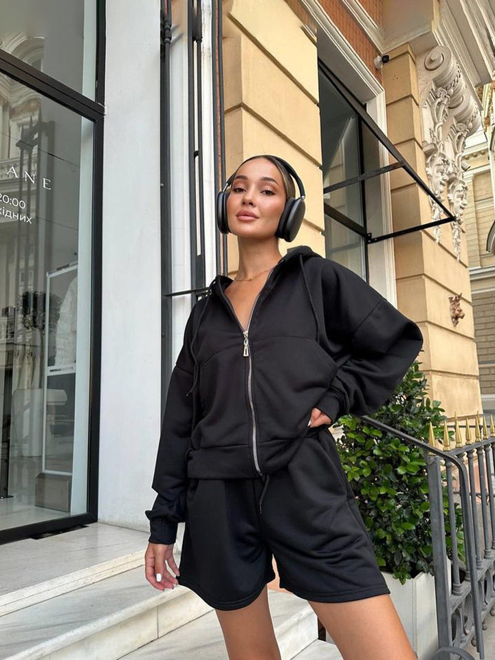 Damen nan kurzes Kapuzen-Sweatshirt mit Reißverschluss und elastischer Highwaist-Relax-Shorts Set Drune