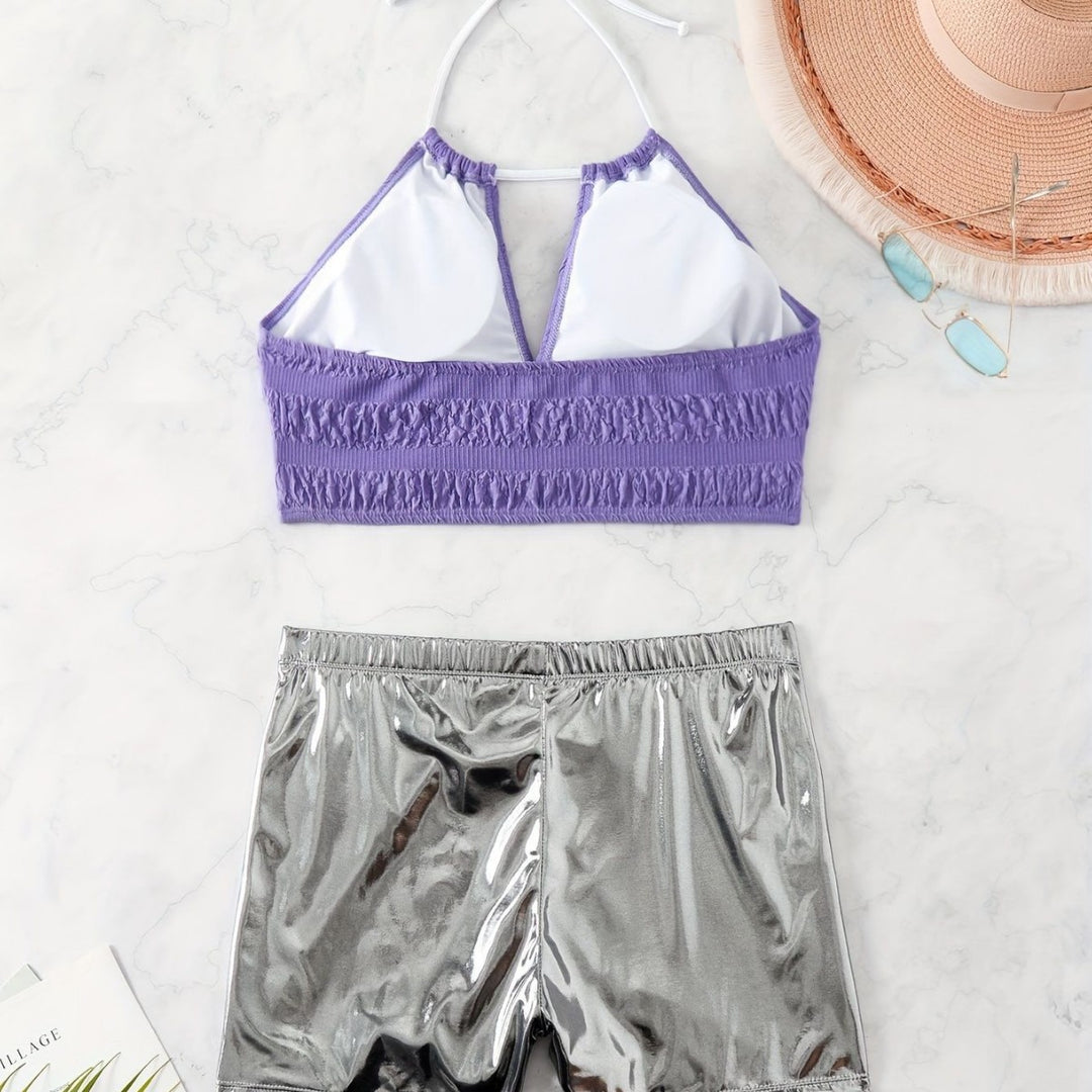 Damen Bikini-Set mit floralem Oberteil und hochglänzenden Shorts Drune