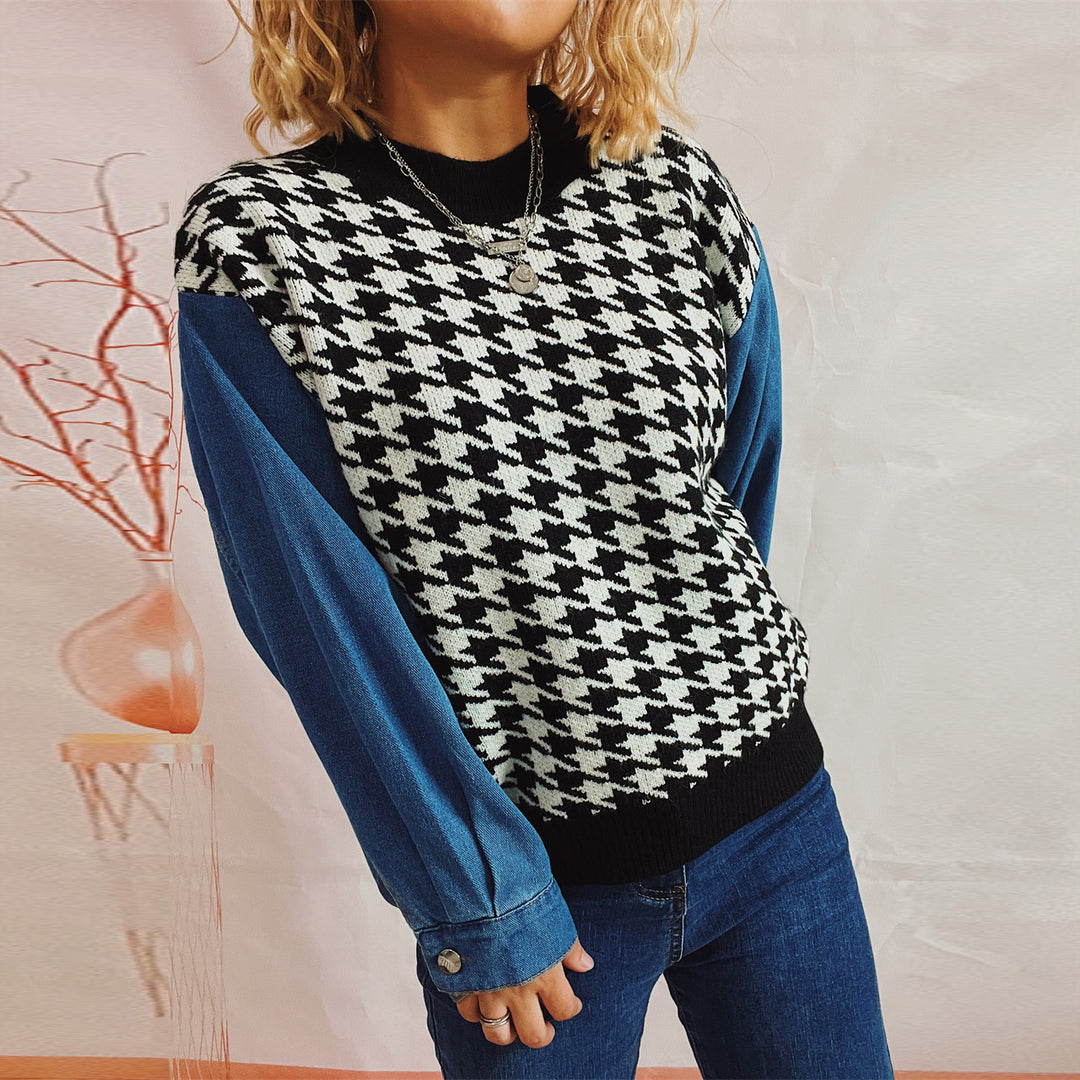 Damen Strickpullover im modernen Hahnentrittmuster mit lässigen Denim-Ärmeln Drune