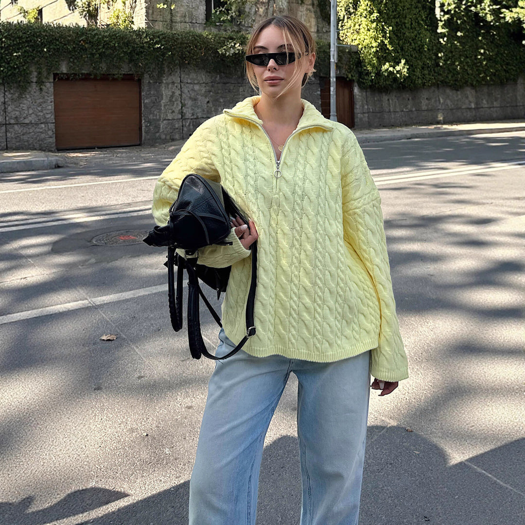 Damen lässiger Strickpullover mit Stehkragen und Reißverschluss Drune