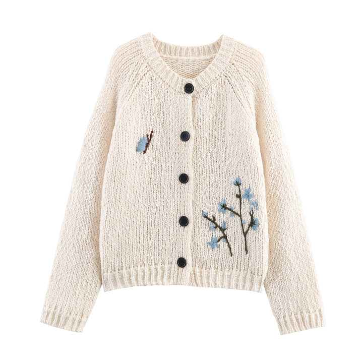 Damen Strickjacke mit floralem Stickmuster und Knopfverschluss Drune