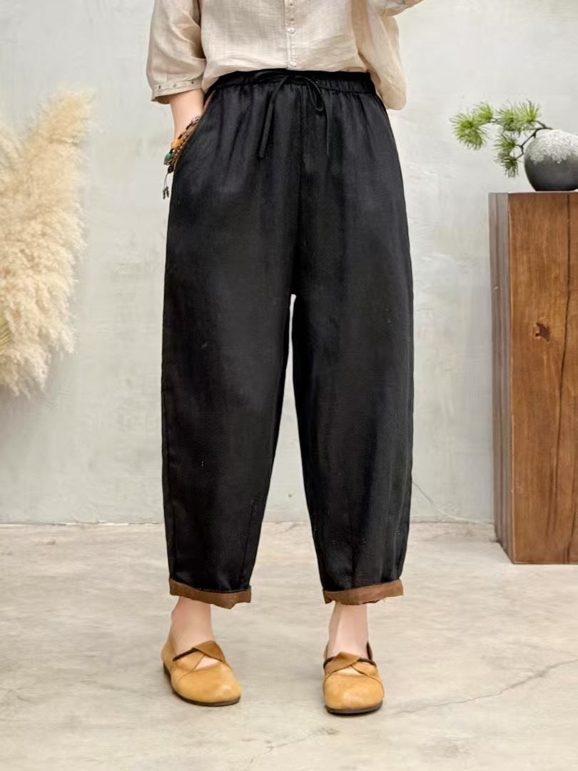 Damen Relaxed Fit Hohe Taille Hose mit verstellbarem Zugband Drune