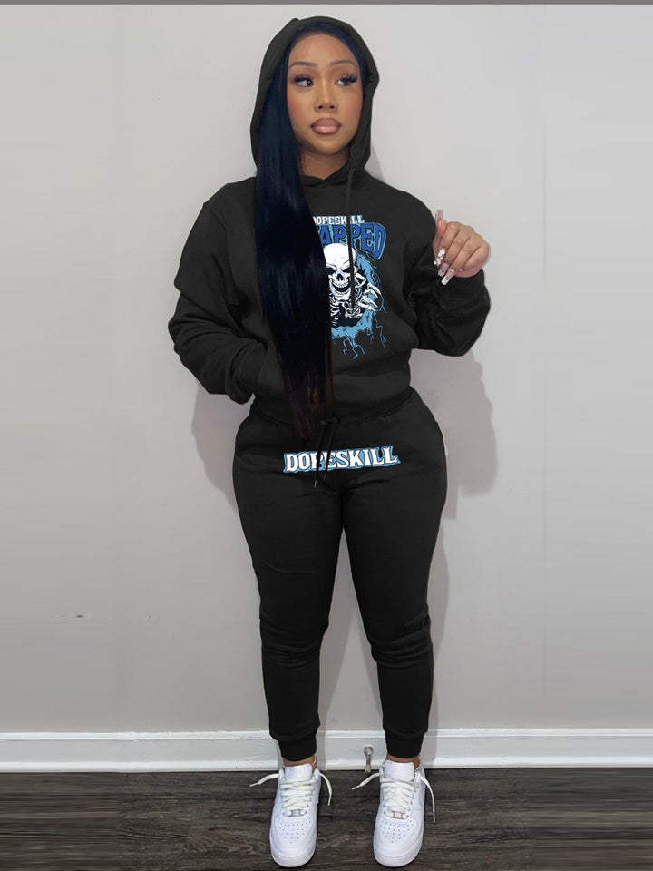 Damen Hoodie und Jogginghose Set mit auffälligem Skelettmotiv Drune