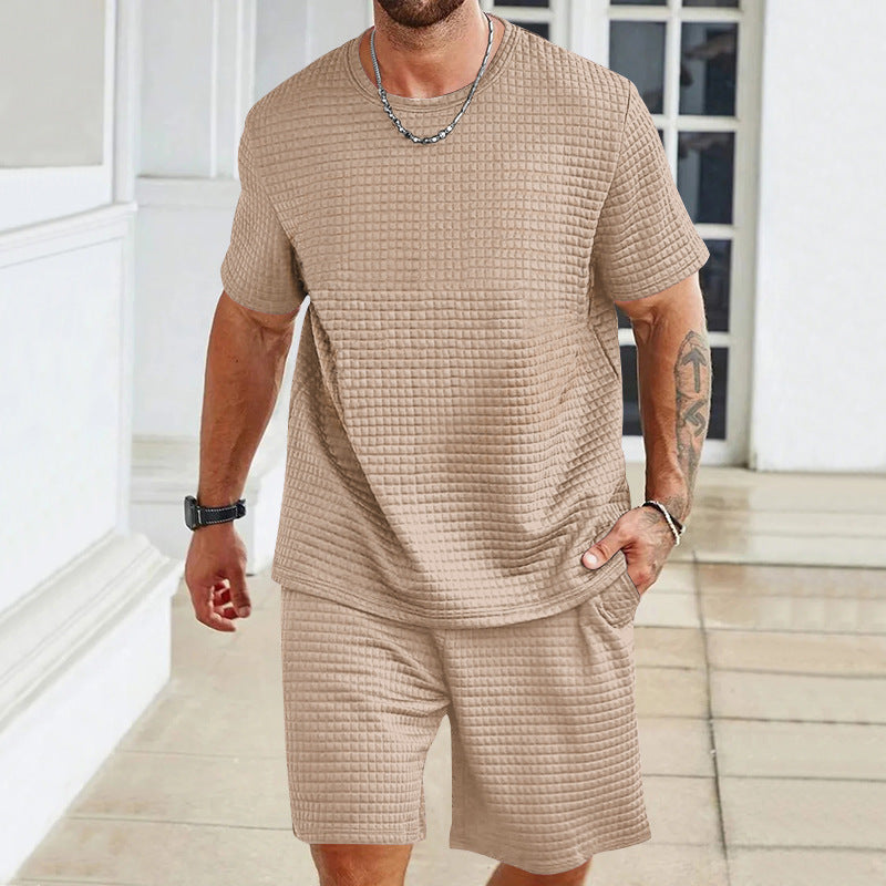 Herren nan Waffelstruktur Wohn- und Freizeit-Set mit weit geschnittenem Kurzarmshirt und kurzer Hose mit elastischem Bund Drune