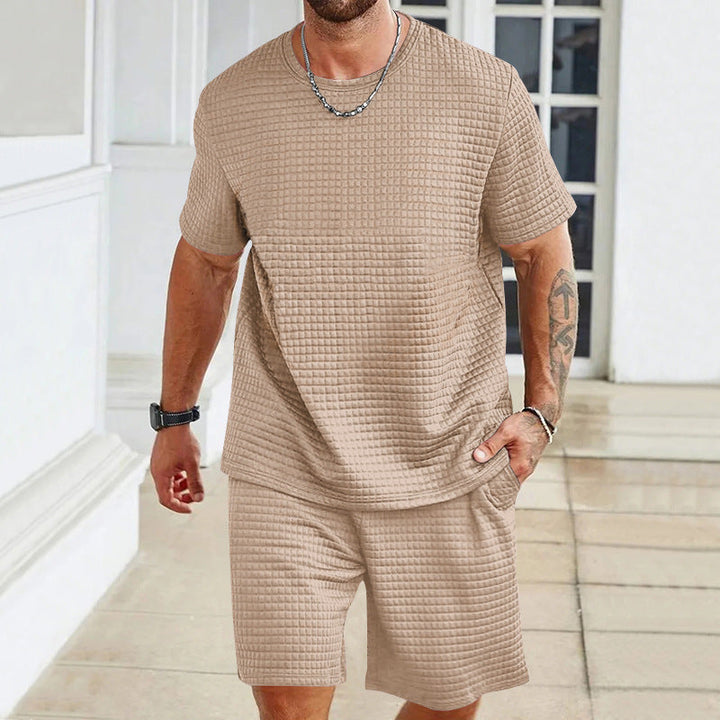 Herren nan Waffelstruktur Wohn- und Freizeit-Set mit weit geschnittenem Kurzarmshirt und kurzer Hose mit elastischem Bund Drune