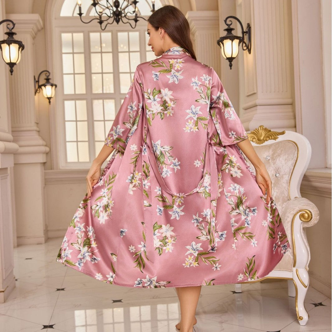 Damen Floral Satin Robe mit offenem Schlitz Drune
