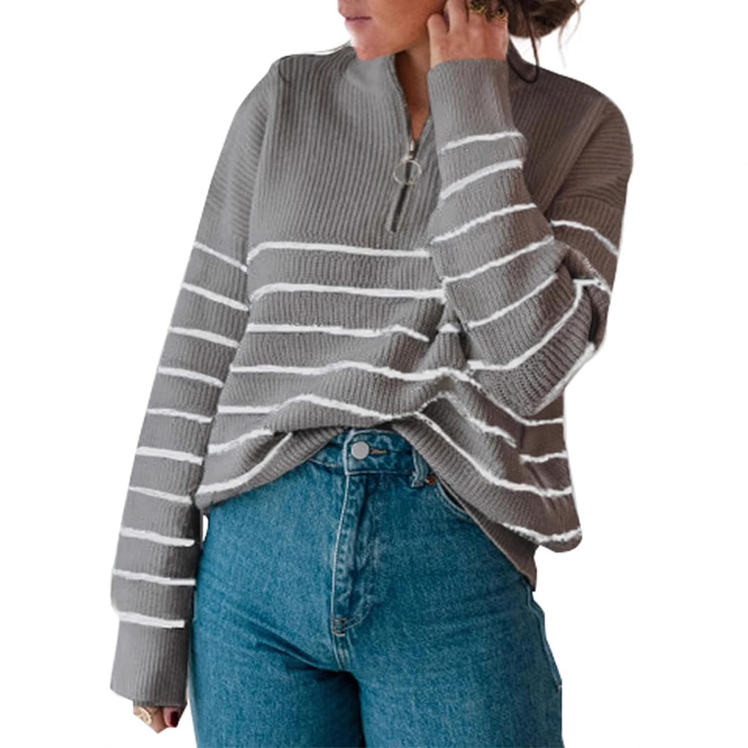 Damen gestreifter Pullover mit halbem Reißverschluss Drune