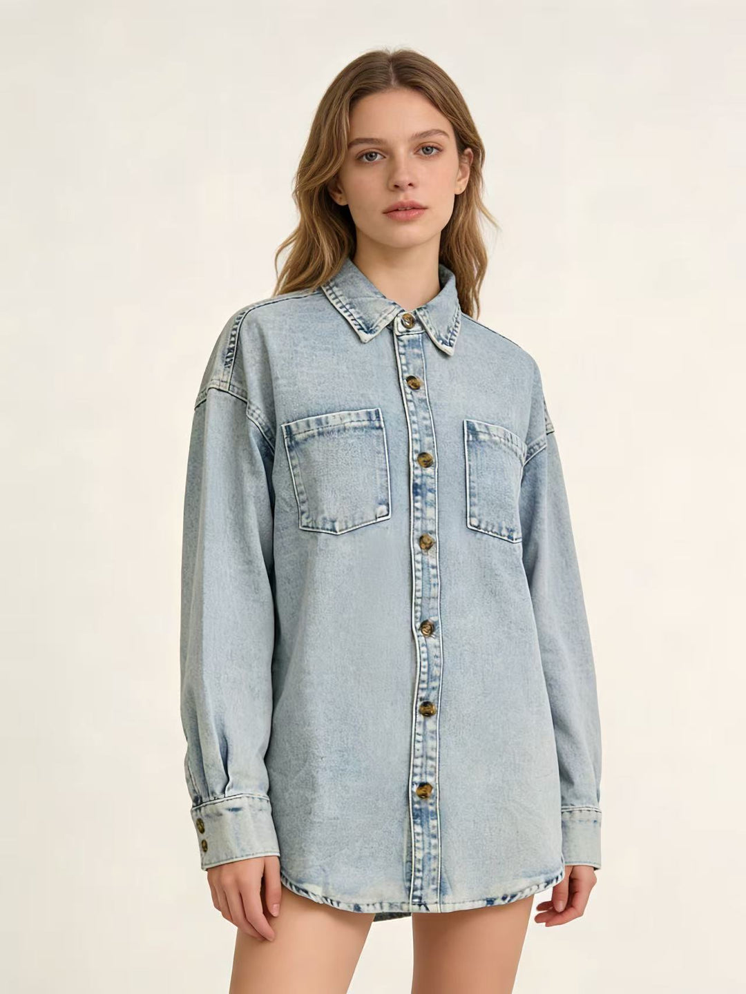 Damen Oversized Denim-Hemd mit aufgesetzten Taschen Drune