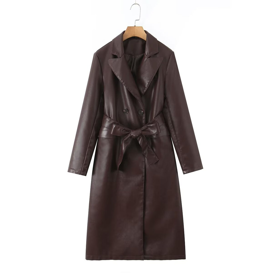 Damen Kunstleder Trenchcoat mit taillierbarem Gürtel und doppelter Knopfleiste Drune