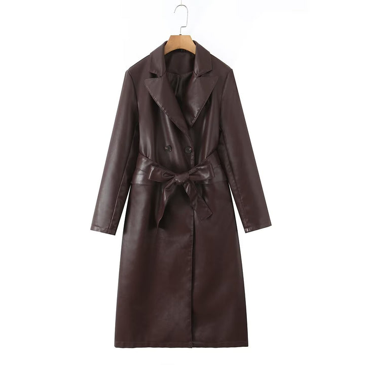 Damen Kunstleder Trenchcoat mit taillierbarem Gürtel und doppelter Knopfleiste Drune