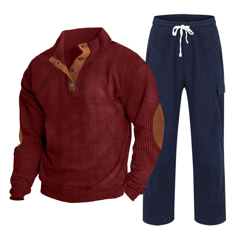 Herren nan Strick-Freizeitset mit Knopfleiste und Ellenbogenaufnähern sowie Cord-Cargohose Drune