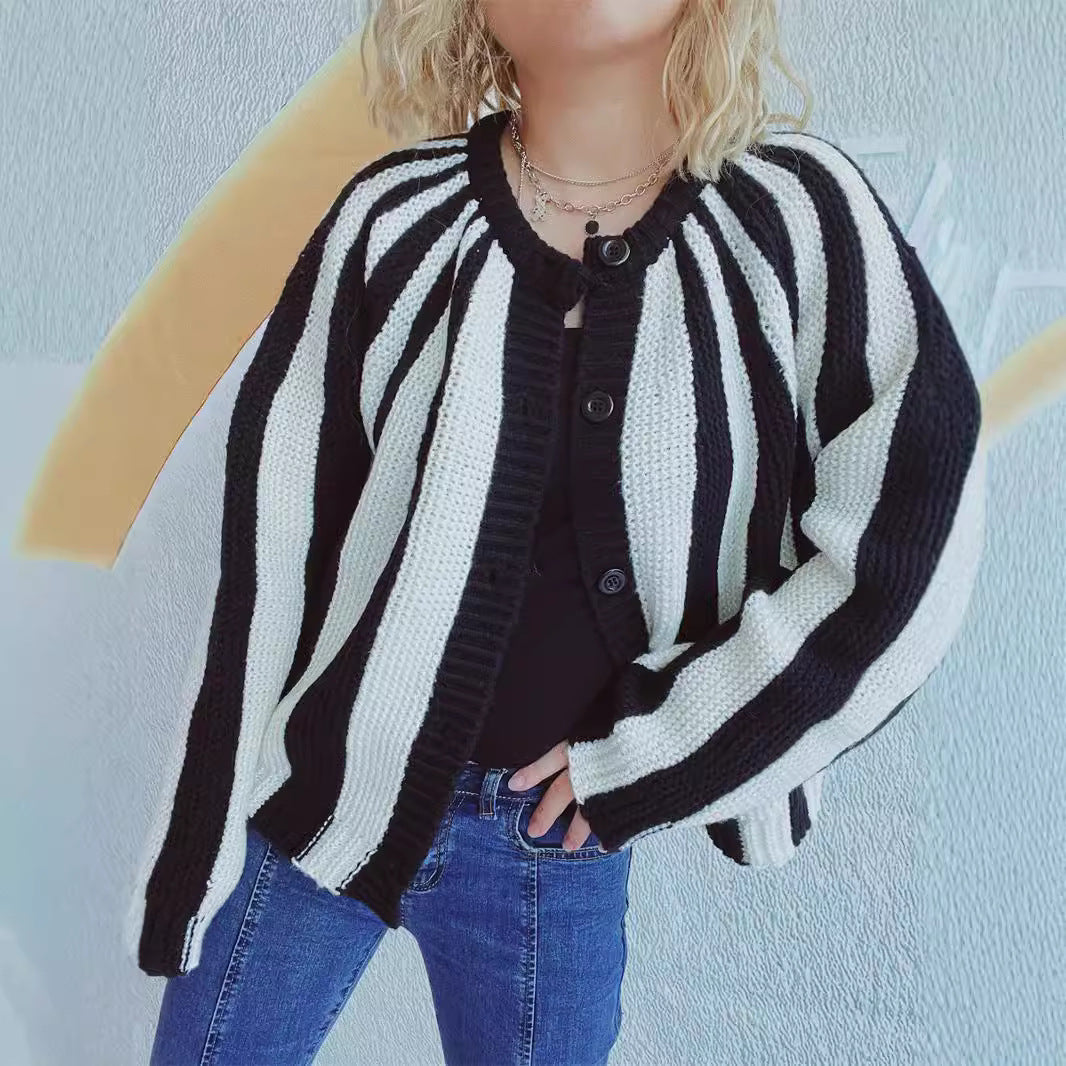 Damen modische Strickjacke mit vertikalen Blockstreifen Drune