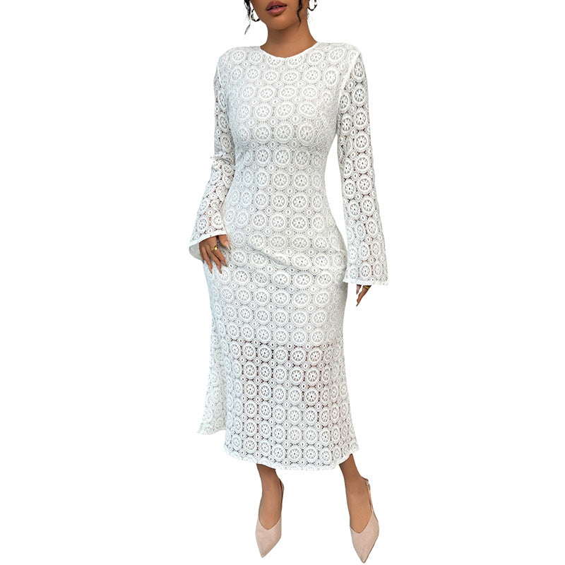 Damen Spitzenkleid mit elegantem V-Ausschnitt und voluminösen Ärmeln Drune