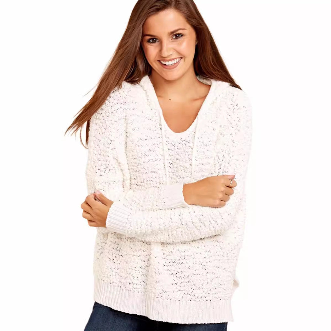 Damen lässiger Strickpullover mit Kapuze und luftiger Struktur Drune