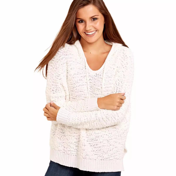 Damen lässiger Strickpullover mit Kapuze und luftiger Struktur Drune