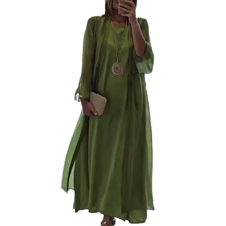 Damen nan doppellagiges Abendmaxikleid mit transparentem Überwurf, geschmeidigem Innenkleid, Taillenbändern und Trompetenärmeln Drune