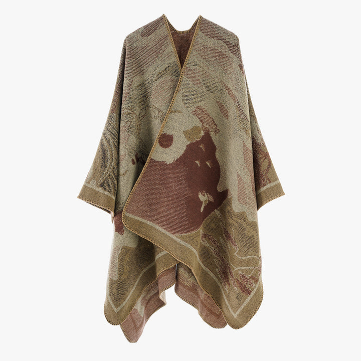Damen Designer Poncho mit modernem floralen Muster und luxuriöser Strickstruktur Drune