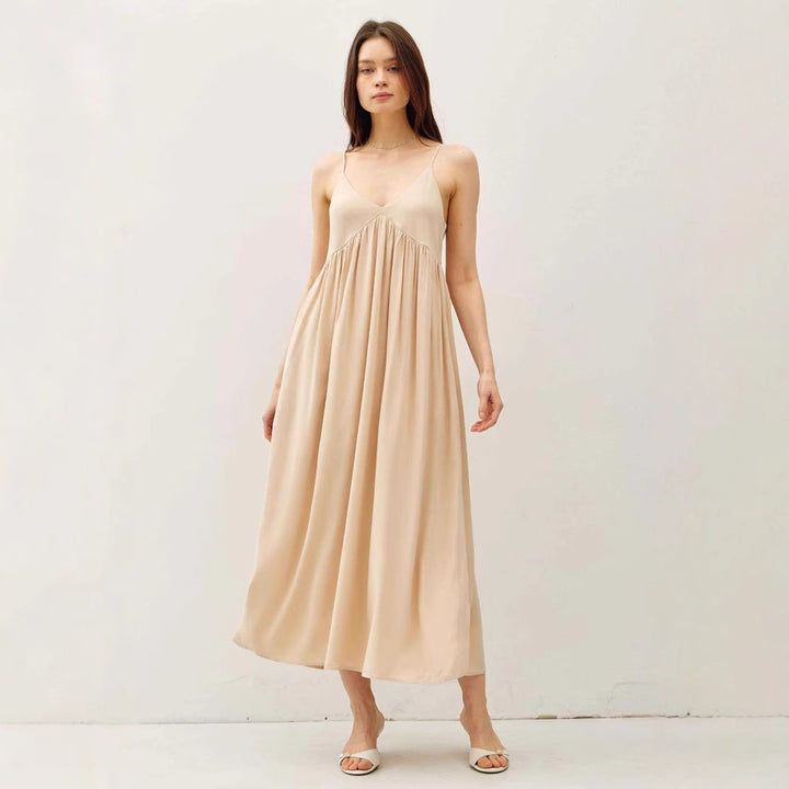 Damen luftiges Maxikleid mit Spaghettiträgern und raffiniertem Schnitt Drune