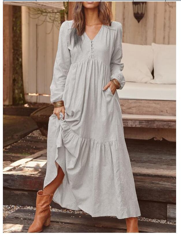 Damen nan luftiges Maxikleid mit V-Ausschnitt, Langarm und Eingrifftaschen Drune