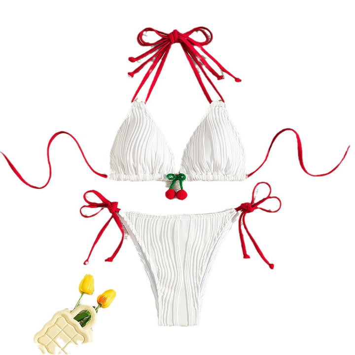 Damen Ripp-Design Triangel-Bikini mit verspieltem Kirschen-Detail Drune