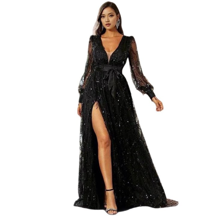 Damen Glitzerndes Abendkleid mit hochgeschlossenem V-Ausschnitt und seitlichem Schlitz Drune