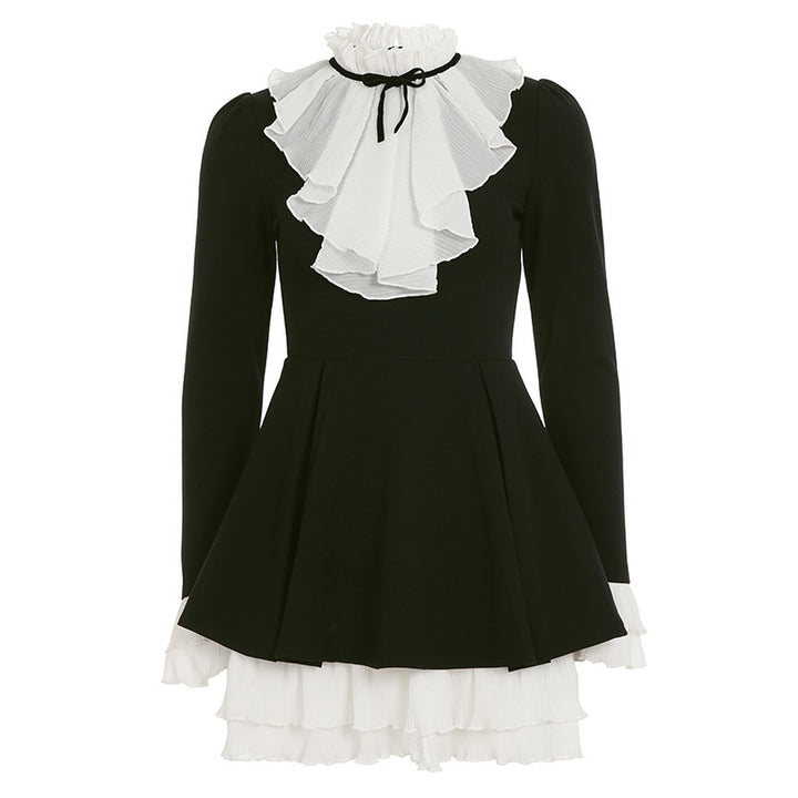 Damen nan viktorianisches Rüschenkleid mit Stehkragen, gerafftem Volant und mehrlagigem Plissee-Unterrock Drune