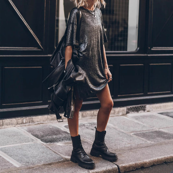 Damen lässiges Glitzerkleid mit seitlichem Schlitz und oversize Schnitt Drune