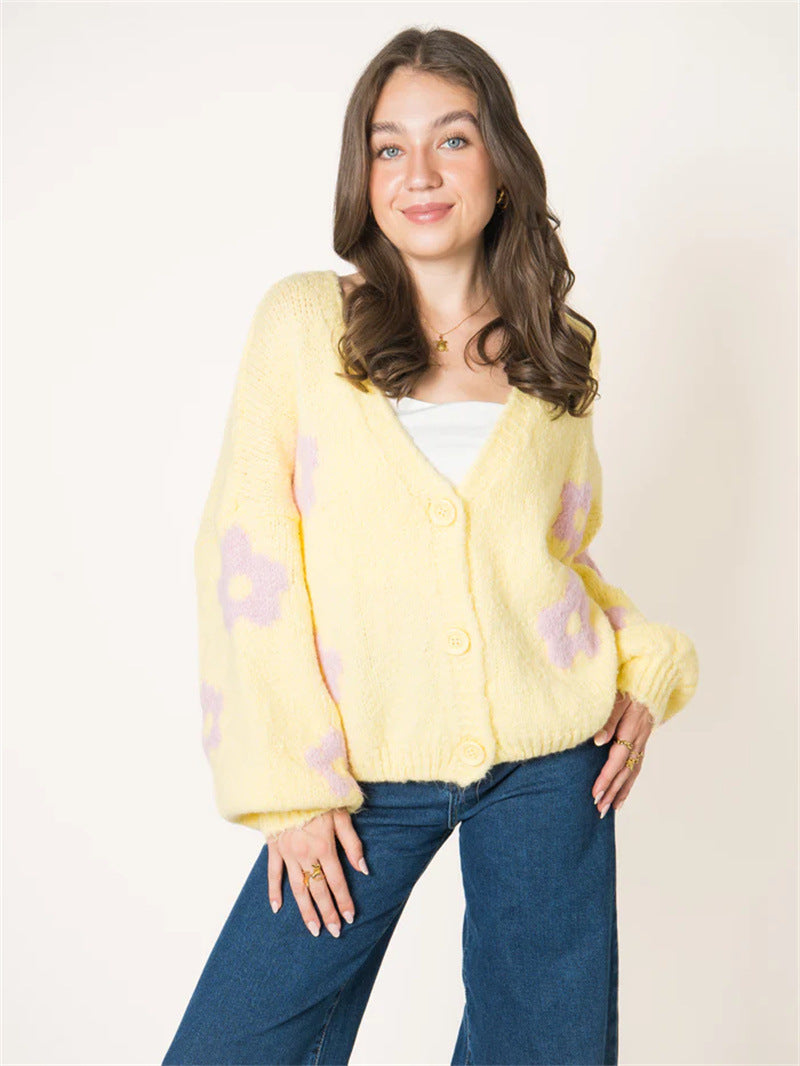 Damen Strickjacke mit floralem Muster und voluminösen Ärmeln Drune