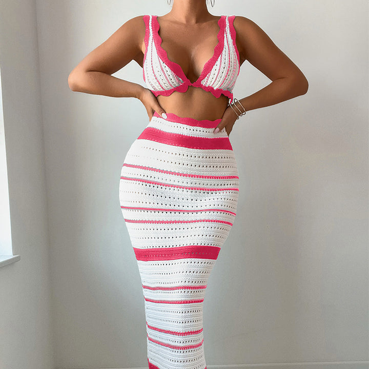 Damen Häkel-Crop-Top und Maxirock Set Drune