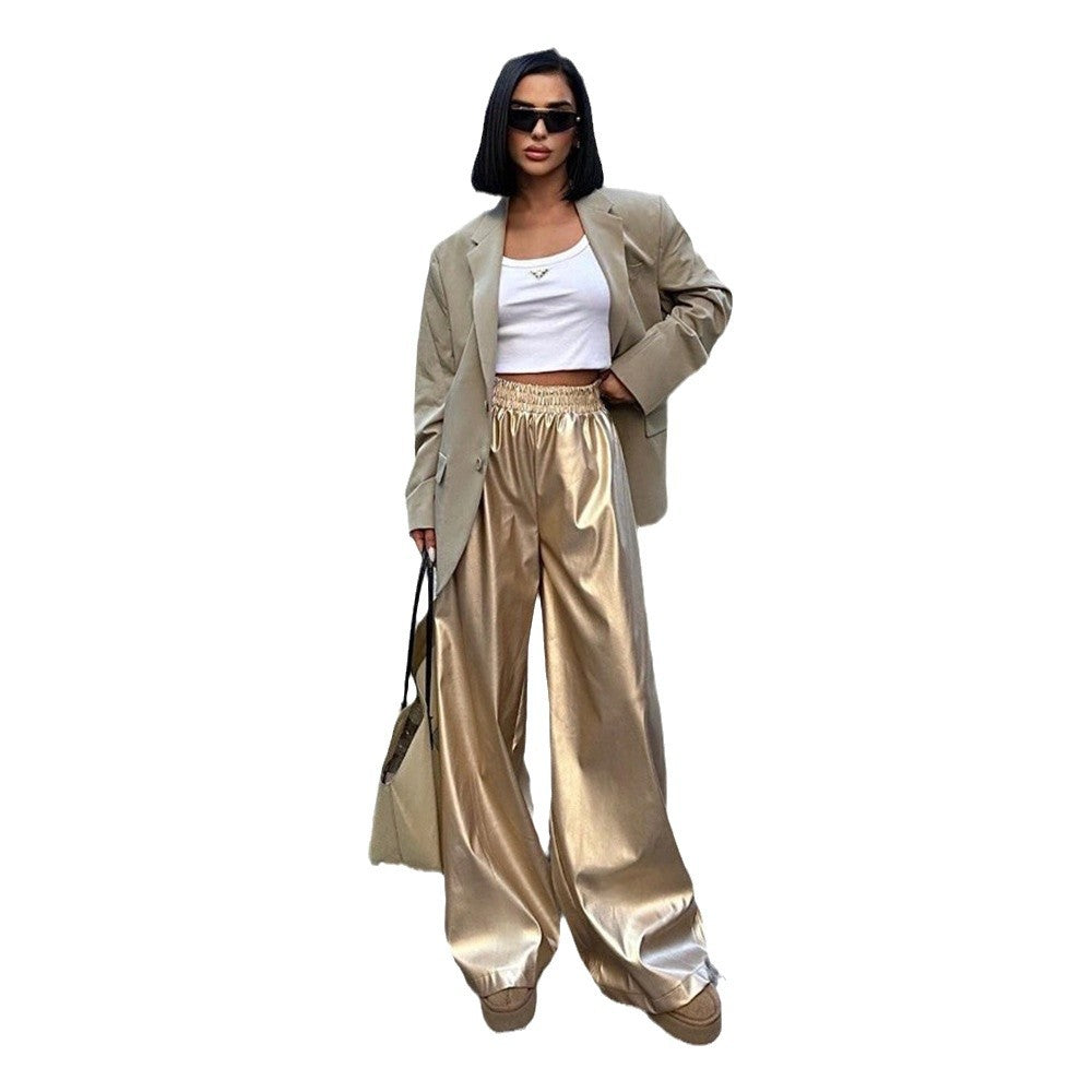 Damen Elegante Lederhose mit weitem Schnitt und elastischem Bund Drune