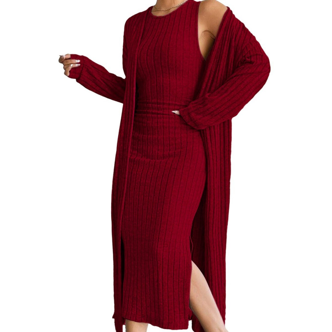 Damen Strickkleid mit langem Cardigan und seitlichem Schlitz Drune