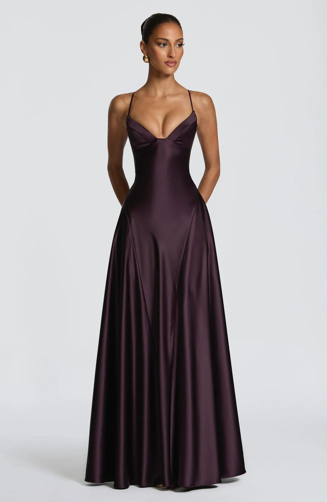 Damen elegantes Satin-Maxikleid mit raffinierten Spaghettiträgern Drune
