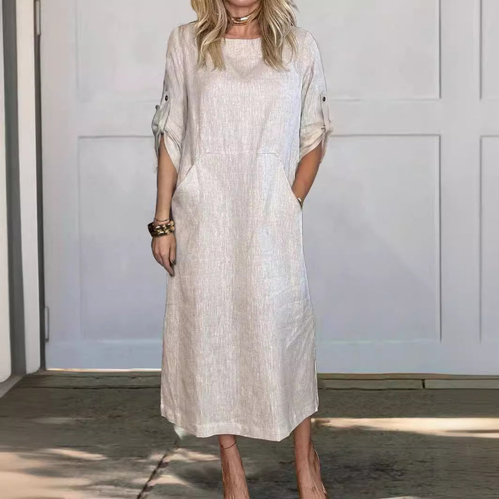 Damen Lässiges Leinen-Midikleid mit Seitentaschen und umschlagbaren Ärmeln Drune