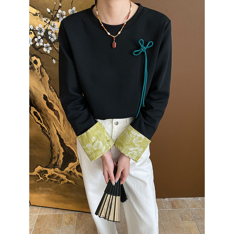 Damen modisches Langarmshirt mit floralem Kragen und dekorativem Detail Drune