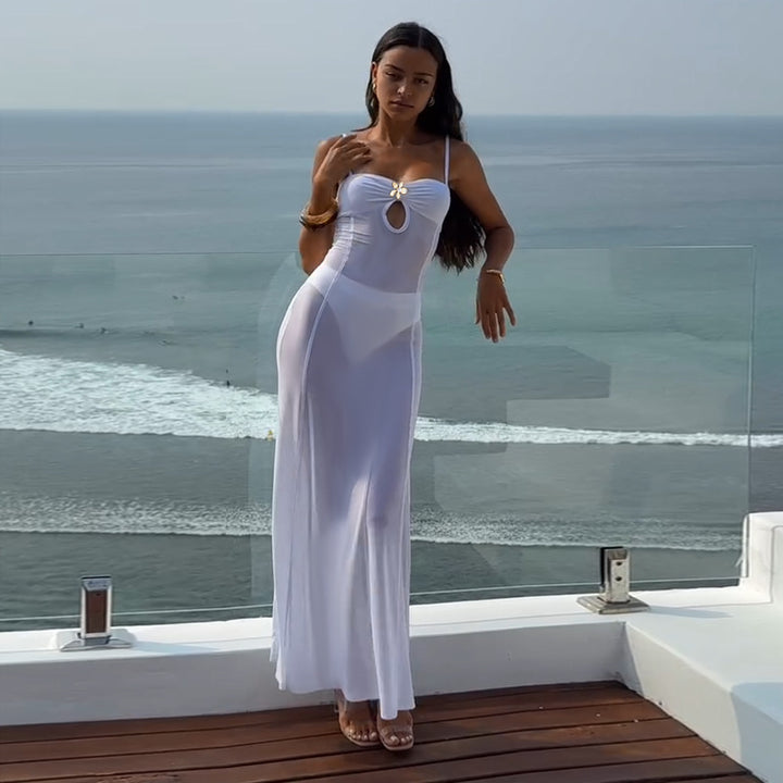 Damen transparenter Strand-Mantel mit verführerischem Cut-Out und zarter Blumenapplikation Drune